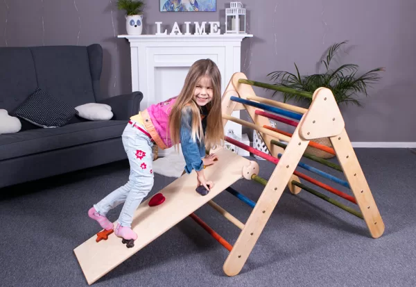 Salokāms koka pikler trijstūris ar slidkalniņu montessori rotaļlieta