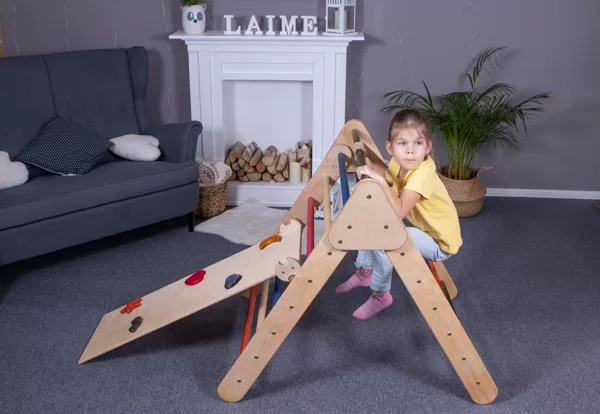 Salokāms koka pikler trijstūris ar slidkalniņu montessori rotaļlieta wooden pikler trian